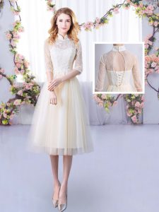 Tea Length Champagne Bridesmaid Dress Tulle Half Sleeves Lace