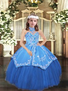 High End Embroidery Pageant Dress Wholesale Blue Lace Up Sleeveless Floor Length