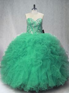 Green Ball Gowns Tulle Sweetheart Sleeveless Beading and Ruffles Floor Length Lace Up Quinceanera Dress