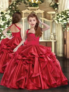 Red Ball Gowns Organza Straps Sleeveless Ruffles Floor Length Lace Up Little Girl Pageant Gowns