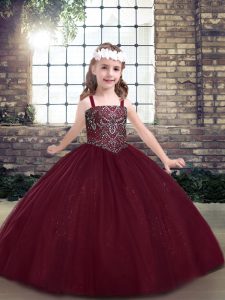 Hot Selling Burgundy Lace Up Straps Beading Little Girl Pageant Dress Tulle Sleeveless