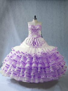 Elegant White And Purple Ball Gowns Sweetheart Sleeveless Organza Floor Length Lace Up Embroidery and Ruffled Layers and