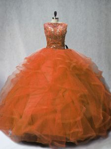 Captivating Rust Red Sleeveless Beading and Ruffles Lace Up Ball Gown Prom Dress