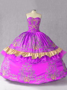 Sweetheart Sleeveless 15 Quinceanera Dress Floor Length Embroidery and Bowknot Purple Satin and Organza