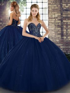 Fantastic Beading Sweet 16 Dress Navy Blue Lace Up Sleeveless Floor Length