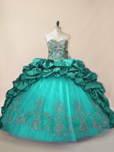 Best Selling Turquoise Sleeveless Brush Train Beading and Pick Ups Quinceanera Gown