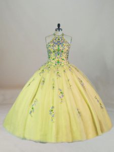 Spectacular Lace Up Ball Gown Prom Dress Yellow Green for Sweet 16 and Quinceanera with Appliques and Embroidery Brush T