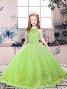 Yellow Green Ball Gowns Lace and Appliques Little Girls Pageant Gowns Backless Tulle Sleeveless Floor Length