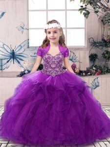 Dazzling Straps Sleeveless Lace Up Girls Pageant Dresses Purple Tulle