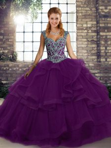 Purple Tulle Lace Up Sweet 16 Quinceanera Dress Sleeveless Floor Length Beading and Ruffles
