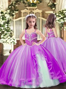 Custom Designed Purple Tulle Lace Up Little Girl Pageant Gowns Sleeveless Floor Length Beading