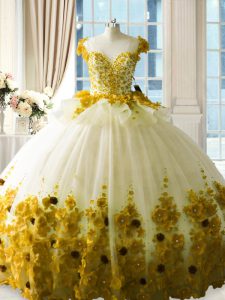 Tulle Sleeveless Quinceanera Gowns Brush Train and Hand Made Flower