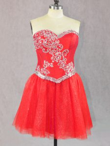 Free and Easy Red A-line Sweetheart Sleeveless Tulle Mini Length Lace Up Beading