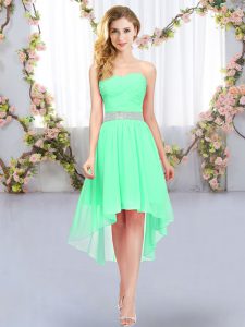 Green Sleeveless High Low Belt Lace Up Bridesmaids Dress