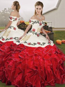 Off The Shoulder Sleeveless Organza Vestidos de Quinceanera Embroidery and Ruffles Lace Up