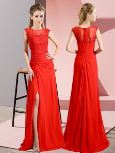 Floor Length Red Prom Evening Gown Scoop Sleeveless Zipper