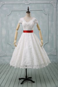 Sumptuous Tea Length White Wedding Gown V-neck Short Sleeves Zipper
