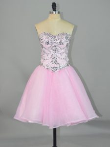 Decent Sleeveless Mini Length Beading Lace Up Prom Gown with Pink