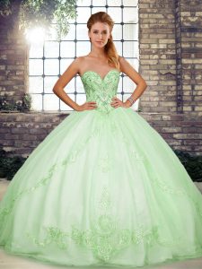 Exquisite Apple Green Ball Gowns Beading and Embroidery Quinceanera Gown Lace Up Tulle Sleeveless Floor Length