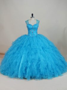 Colorful Sleeveless Tulle Floor Length Zipper Quinceanera Dress in Baby Blue with Beading and Ruffles