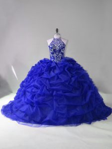 Best Royal Blue Sweet 16 Dresses Sweet 16 and Quinceanera with Beading and Pick Ups Halter Top Long Sleeves Court Train 