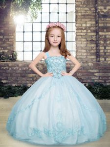 Beading Little Girl Pageant Dress Light Blue Lace Up Sleeveless Floor Length