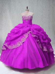Flare Fuchsia Lace Up Quinceanera Gown Beading and Appliques Sleeveless Floor Length