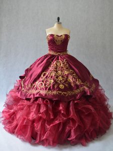 Glamorous Burgundy Quince Ball Gowns Organza Brush Train Sleeveless Beading and Embroidery