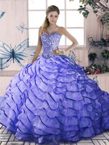 Fashion Sleeveless Organza Brush Train Lace Up Quinceanera Dresses in Lavender with Beading and Ruffled Layers