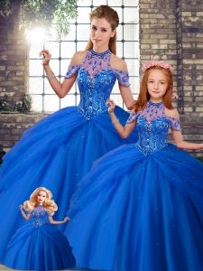 Extravagant Beading and Pick Ups Quince Ball Gowns Blue Lace Up Sleeveless Brush Train