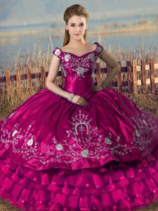 Fuchsia Sleeveless Satin and Organza Lace Up Sweet 16 Dresses for Sweet 16 and Quinceanera