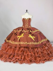 Decent Sleeveless Embroidery and Ruffled Layers Lace Up Vestidos de Quinceanera with Brown Brush Train