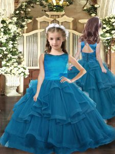 Teal Ball Gowns Ruffled Layers Child Pageant Dress Lace Up Tulle Sleeveless Floor Length