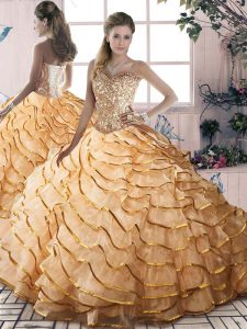 Exceptional Gold Ball Gowns Organza Sweetheart Sleeveless Beading and Ruffled Layers Lace Up Sweet 16 Dress Brush Train