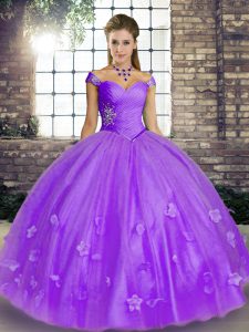Sweet Ball Gowns Sweet 16 Quinceanera Dress Lavender Off The Shoulder Tulle Sleeveless Floor Length Lace Up