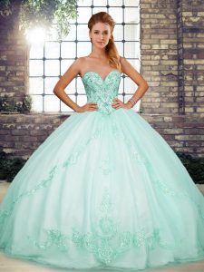 Decent Apple Green Tulle Lace Up Sweetheart Sleeveless Floor Length Quince Ball Gowns Beading and Embroidery