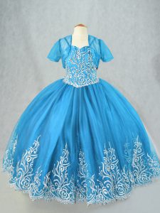 Stunning Tulle Sleeveless Floor Length Pageant Dress Toddler and Beading and Embroidery
