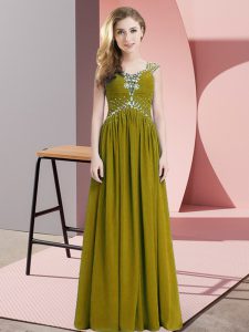 Ideal Olive Green Chiffon Lace Up Prom Party Dress Cap Sleeves Floor Length Beading and Ruching