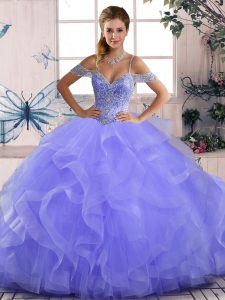 Custom Design Off The Shoulder Sleeveless Quince Ball Gowns Asymmetrical Beading and Ruffles Lavender Tulle