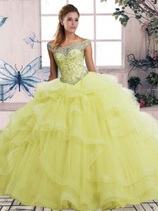 Comfortable Floor Length Ball Gowns Sleeveless Yellow Quinceanera Gowns Lace Up