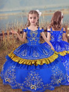 Beading and Embroidery Little Girl Pageant Gowns Blue Lace Up Sleeveless Floor Length