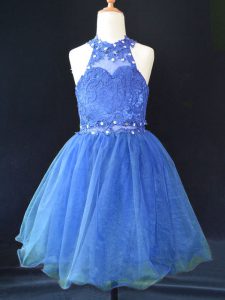 Halter Top Sleeveless Organza Pageant Dress for Girls Beading and Lace Lace Up