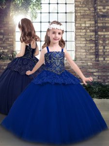 Great Blue Ball Gowns Straps Sleeveless Tulle Floor Length Lace Up Beading Kids Formal Wear