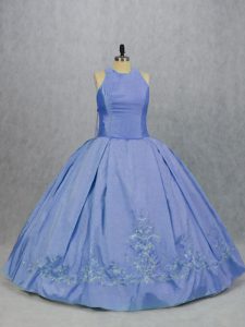 Satin Scoop Sleeveless Zipper Embroidery 15 Quinceanera Dress in Blue