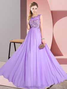 Cute Sleeveless Floor Length Beading and Appliques Backless Wedding Party Dress with Lavender