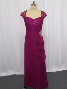 Modern Fuchsia Cap Sleeves Beading and Lace and Appliques Floor Length