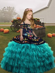 Super Embroidery and Ruffled Layers Little Girl Pageant Gowns Teal Lace Up Sleeveless Floor Length