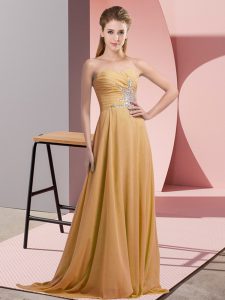 Gold Sleeveless Floor Length Beading Lace Up Prom Party Dress