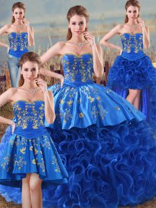 Edgy Royal Blue Fabric With Rolling Flowers Lace Up Sweetheart Sleeveless Floor Length Sweet 16 Dress Embroidery and Ruf