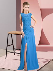 Best Scoop Sleeveless Zipper Prom Dresses Blue Chiffon